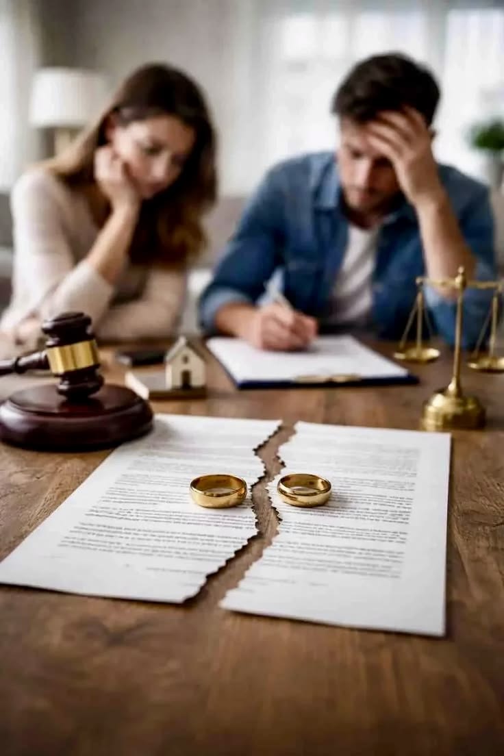 Couple at a table with a torn marriage certificate and wedding rings