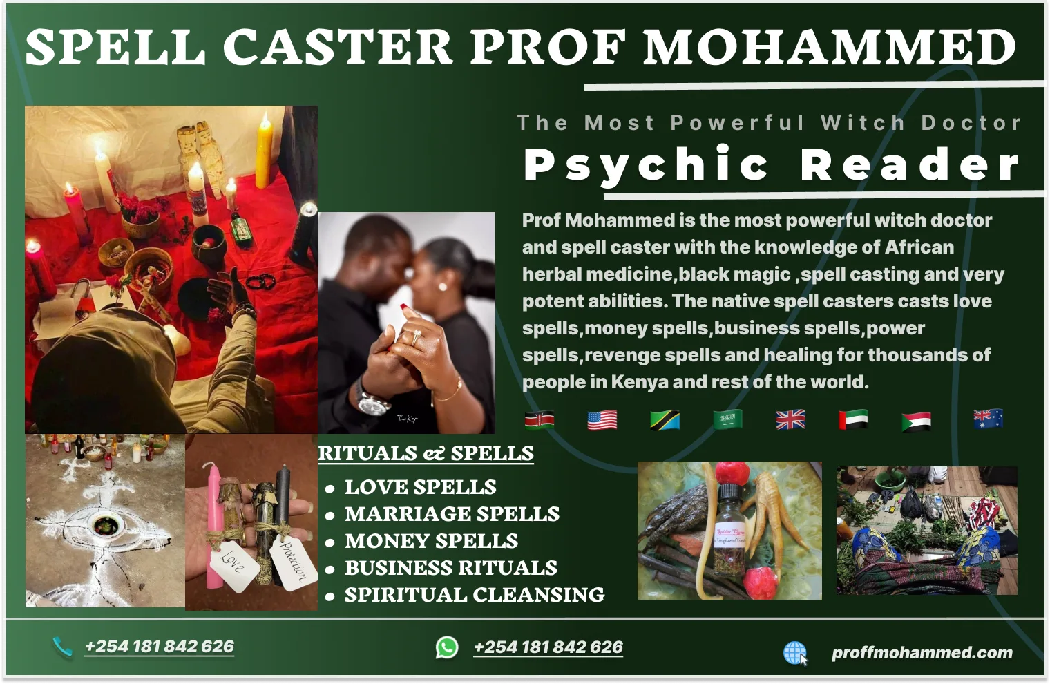 Spell caster Prof Mohammed poster: love spells, marriage spells, business rituals and spiritual cleansing. Call or WhatsApp +254 181 842 626, proffmohammed.com