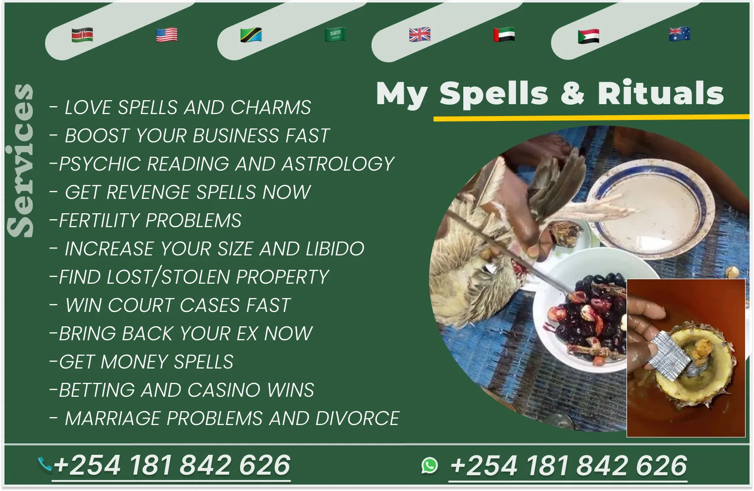 Prof Mohammed spells and rituals poster listing love spells, psychic readings, marriage problems and more. Call or WhatsApp +254 181 842 626